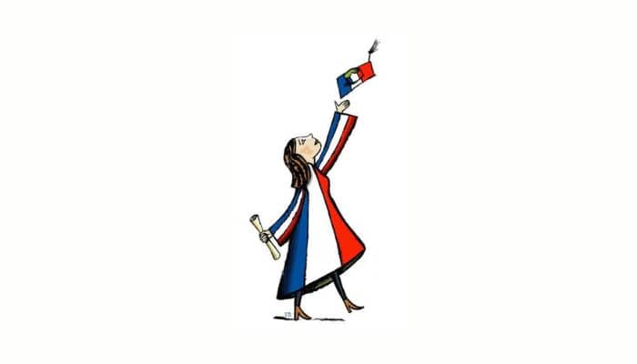 a cartoon wearing a red white and blue gown and throwing a cap