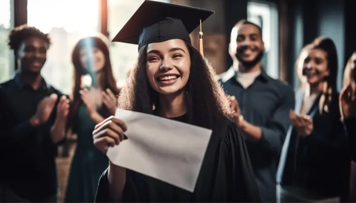 A girl holding a paper, behind her few people are clapping appreciating her for getting scholarship in London